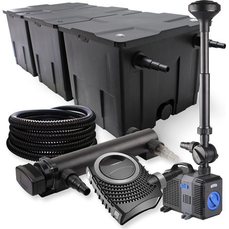 SunSun Komplettset: CBF-350C Teichfilter bis 90000 L Teichfilteranlage, NEO10000 Teichpumpe 10000l/h 80W, CUV-336 Teichklärer 36W, 25m Teichschlauch 25 mm, CTP-5003 Springbrunnen 5000l/h 30W