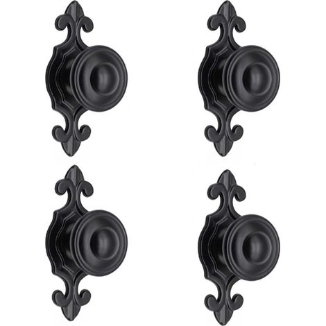 4 Black Door Handles with Base, Vintage Country Pulls for Cabinets, Drawers, Cupboards or Doors, 74mm (1/4)