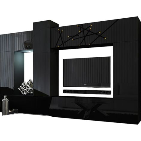 Set di mobili da soggiorno neri sospesi collezione CEPTO XXII. 273cm, 10 pezvi, led, modulari.