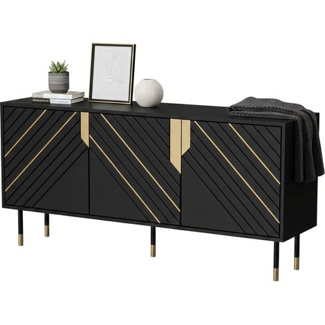 Credenza Cossogno, Madia da salotto con tre ante battenti e vani interni, Rialzata da terra, 154x40 h72 cm, Nero e Oro