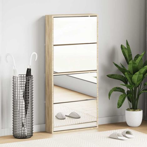 Meuble à chaussures à 4 compartiments, miroir, chêne, 63×17×134 cm