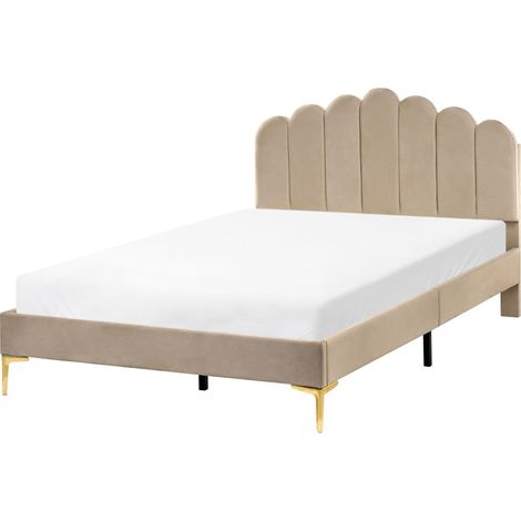 Lit en Velours 120 x 200 cm Tête de Lit en Forme de Coquillage Pieds en Métal Sommier à Lattes Taupe Sauvian