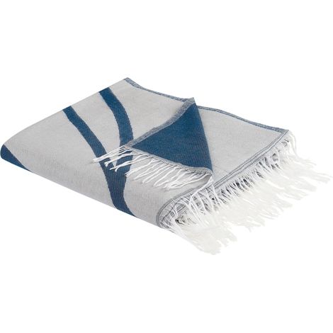 Couvre-lit Motif Géométrique et Frange 130 x 170 cm Bleu et Blanc Haprek (1/5)
