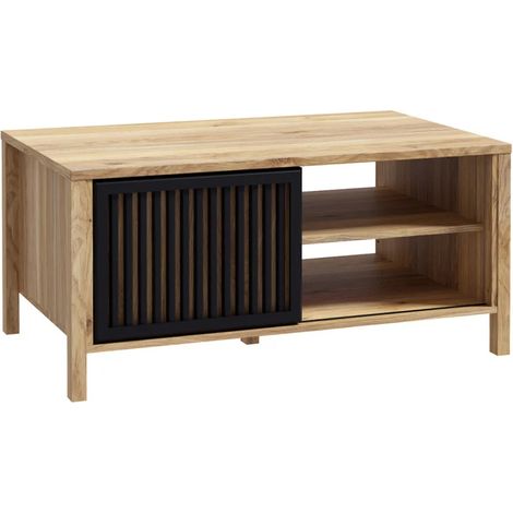 Table basse décor chêne avec porte coulissante ajourée noire - SELENA (1/5)