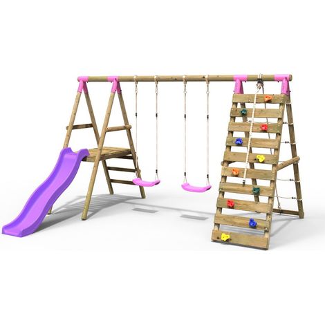 Rebo Wooden Swing Set with Deck and Slide plus Up and Over Climbing Wall - Jade Pink (1/5)