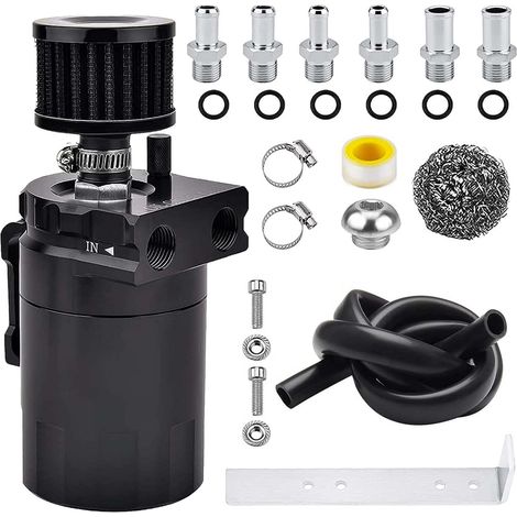 Universeller, polierter Aluminium-Öl-Gas-Abscheider-Satz mit 400 ml Fassungsvermögen und Deflektor, inklusive Tank, Entlüftungsfilter und 3/8 Zoll/6-Zoll-Kraftstoffleitung mit Anschluss, schwarz. (1/5)