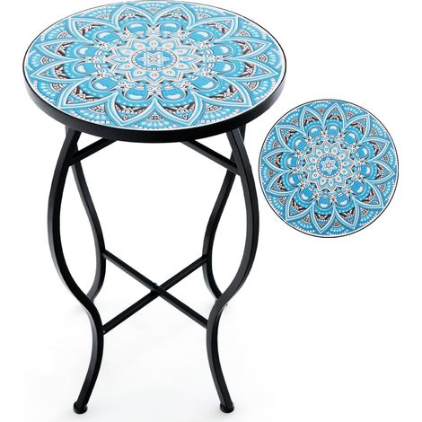 COSTWAY Beistelltisch Mosaiktisch Rund, Mosaik Gartentisch Bistrotisch, ∅30 x 50 cm, Balkontisch aus Metall & Keramik, Blumenhocker für Balkon Terrasse Garten Blau (1/5)