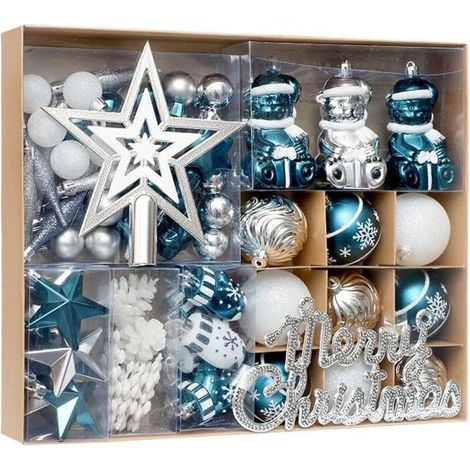 Ensemble de 70 boules de Noël incassables à suspendre au sapin, avec inscription « Joyeux Noël » et décorations pour le sommet du sapin. Décoration de Noël pour l'intérieur et l'extérieur bleu (1/5)