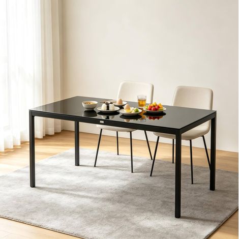 Mesa de jardín rectangular para 8 personas con tablero de vidrio templado, aluminio negro y patas ajustables, ideal para terraza y comedor exterior -FLORAGRACE (1/5)