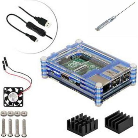 5 en 1 Kit Professionnel Pour Raspberry Pi 3 & 2 B B+, Bleu Tranchés 9 Couches Cas+Ventilateur + Micro Câble usb à tour + tournevis/