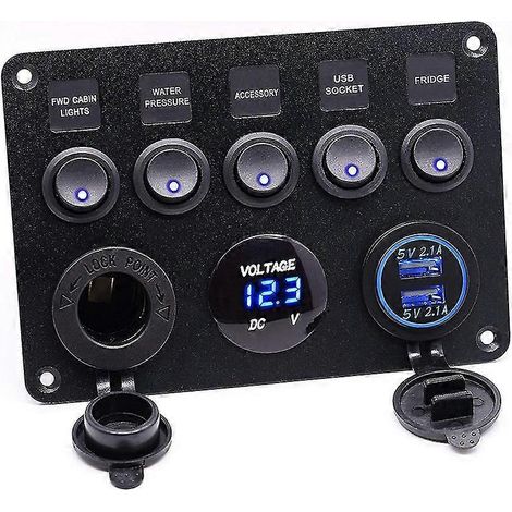 Panneau de commande à 5 interrupteurs, boîte à fusibles en ligne 12 V/24 V, panneau de commande LED, double prise USB, prise de courant, voltmètre LED pour voiture, bateau, camion (1 pièce, noir) (1/5)
