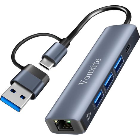Adaptateur USB Ethernet, 5 en 1 Adaptateur Type-C vers Ethernet RJ45 Gigabit 1000 Mbps, HUB Type-C LAN avec 3 Ports USB 3.0 et 1 Type C pour 15/16/iPad/Windows XP/Mac/Linux/Chromebook (1/5)