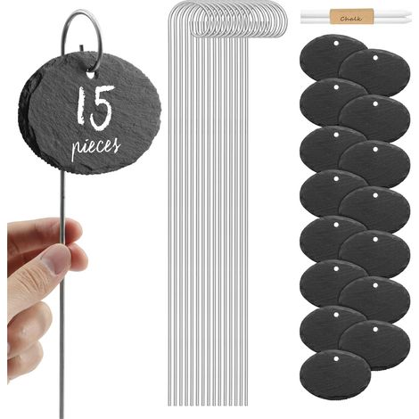 15 - Étiquette Ardoise - Marque-Plante - Tige Métal 40 cm - Format Ovale 10 x 7 cm - Pour Jardin Balcon Potager Fleurs Légumes - Noir (1/5)
