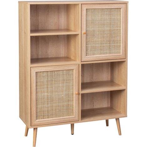 Buffet de rangement cannage et effet bois. buffet haut. vaisselier. 2 portes et 2 étagères style bohème 90cm (1/5)