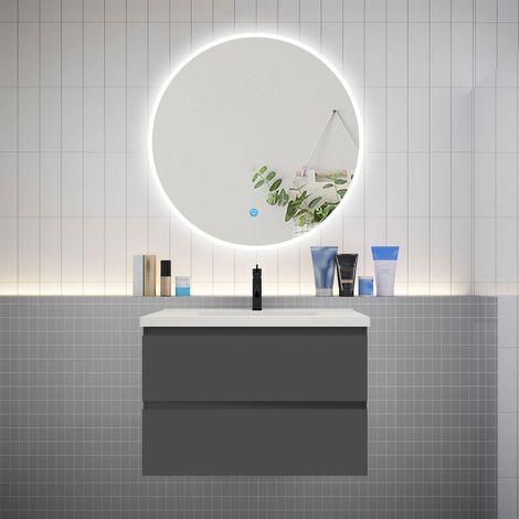 Ensemble meuble vasque L.79cm 2 tiroirs + lavabo + LED miroir rond 90cm,anthracite，easy