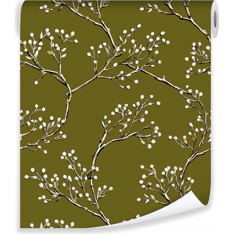 Papier peint branches d'olivier retro nature sur molleton mur salon chambre a coucher (1/3)
