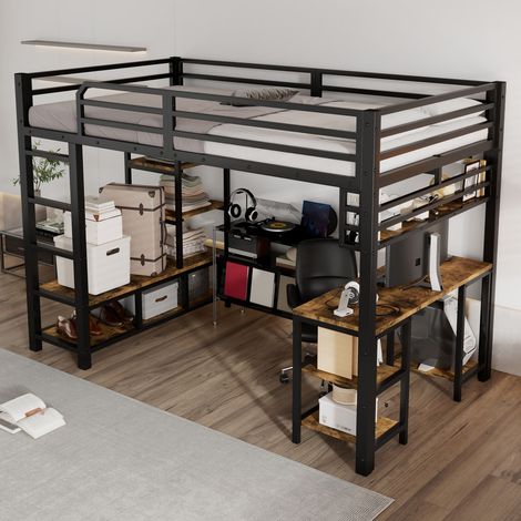 Lit mezzanine fer 120x200 avec bureau - Sommier lattes robuste et rangements - Échelle 4 marches, noir et foncé (sans Matelas) (1/5)