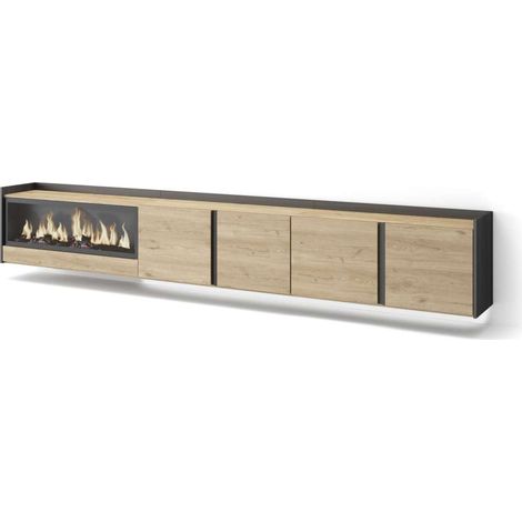 Mueble TV Arenas-02 de 315x50x35 cm con chimenea eléctrica y luces LED, suspendido, color roble y negro (1/4)