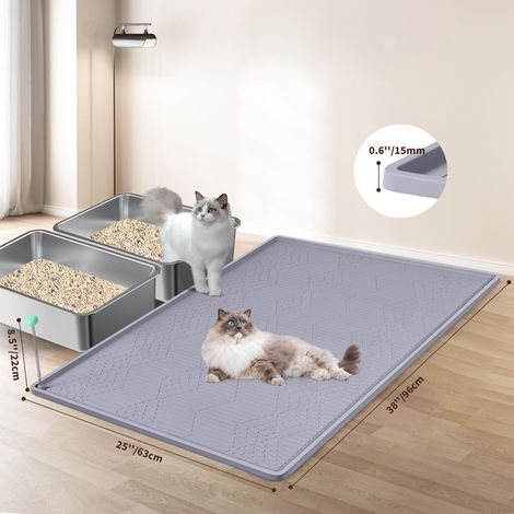 Tapis de Litière pour Chat en Silicone Imperméable Antidérapant avec Jouet Suspendu Grand Tapis pour Litière Design Bord Rehaussé Facile à Nettoyer Recueille les Grains de Litière Chatons et Chats