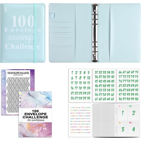 1 classeur Défi d'épargne, 100 enveloppes, pochettes pour billets, autocollants de montant, format rectangle 233 × 180 mm (1/5)