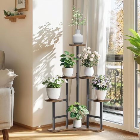 Portapiante da interno 5 Livelli Scaffale Porta Vaso Alto 108,5 cm Portavasi da interno esterno a Scala Industriale Stile Balcone in Legno e Metallo