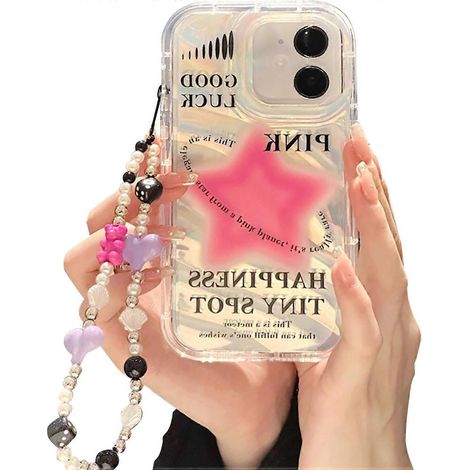 Étui pour iPhone 14 Pro avec breloque/chaîne, coque transparente mignonne à motif étoiles roses scintillantes et bracelet cœur en perles, accessoire de luxe pour femme et fille. (1/5)