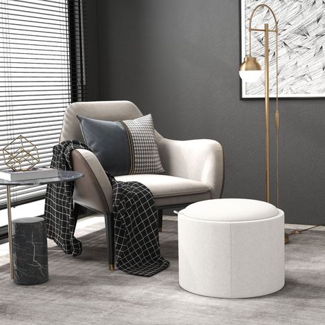 Pouf contenitore rotondo con coperchio ribaltabile, effetto lino, crema, Ø56 x 42 cm HAVRYA (1/5)