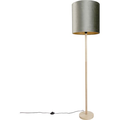 QAZQA Lámpara de pie de madera con pantalla de terciopelo verde (1/5)