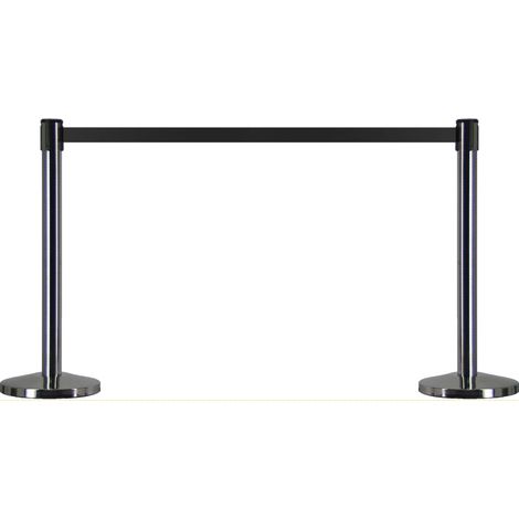 Potelet de barrière métal, 11 kg, Stable, Enrouleur et sangle noire longueur 250 cm, Socle acier chromé, Guidage file d'attente, Fermeture d'accès, Hôtel, Restaurant, Centre commercial (1/3)