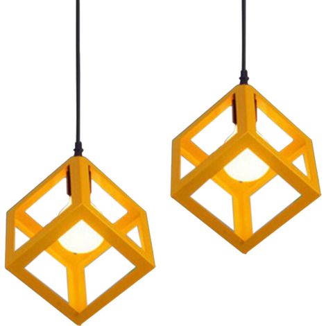 Lot de 2 Suspension Luminaire Moderne Lustre Forme Cube Lampe de Plafon de Style Géométrique en Métal E27 Plafonnier pour Chambre Salon Restaurant - 16CM, Jaune BLOW (1/5)