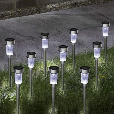 Ensemble de 10 lampes solaires à piquet LED d'extérieur, étanches, en acier inoxydable, pour l'éclairage de jardin, allée, trottoir et terrasse. Décoration idéale pour les terrasses, allées et chemins (1/5)