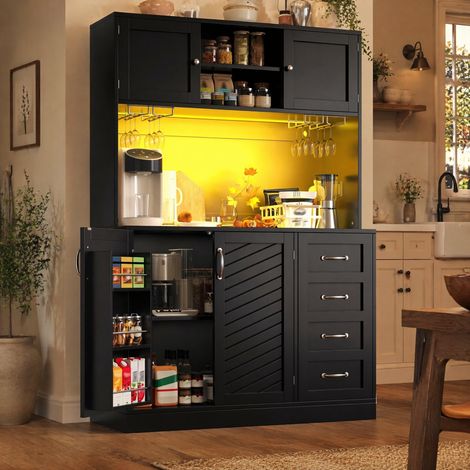 Buffet haut 120x40x188 cm en MDF noir avec LED et rangement intégré, pour salle à manger – MEUBLIV (1/5)