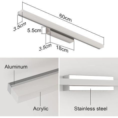 Lampe Miroir LED Salle de Bains 12W 60cm, 3000K, Couleur Chrome (1/5)