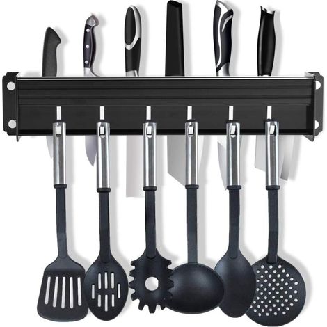 Barre de cuisine sans perçage, bloc à couteaux sans couteaux, rail de cuisine en aluminium  Rail de cuisine avec 7 crochets, porte-ustensiles de cuisine sans perçage