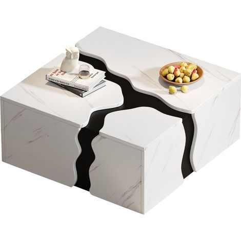 Table basse fixe design cube avec tiroir - Placage marbre unique - Table d'appoint salon - Jeux rangement 70x70x31cm (1/5)