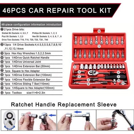 Set di attrezzi professionali per auto e casa, composto da 46 pezzi - Meccanico - Domestico - Set di attrezzi, Rosso. (1/5)