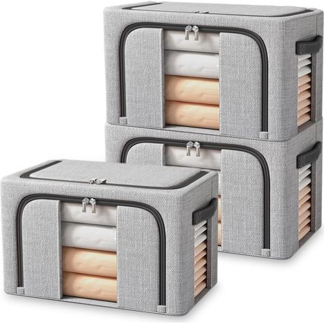 Lot de 3 Boite Rangement Vetement & Sac Rangement Vetement, 24L Pliable avec Cadre Métallique, Rangement Vetement pour Édredons, Couvertures & Vêtements - Gris (1/5)