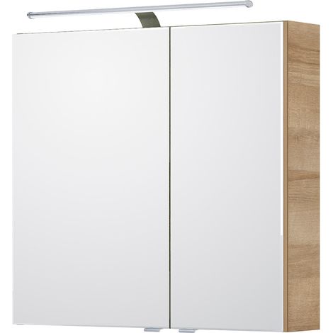 Badezimmer Spiegelschrank, 75cm breit, mit LED Aufbauleuchte in Riviera Eiche quer Nb. SOLINGEN-66, B/H/T ca. 75/70,3/17 cm (1/5)