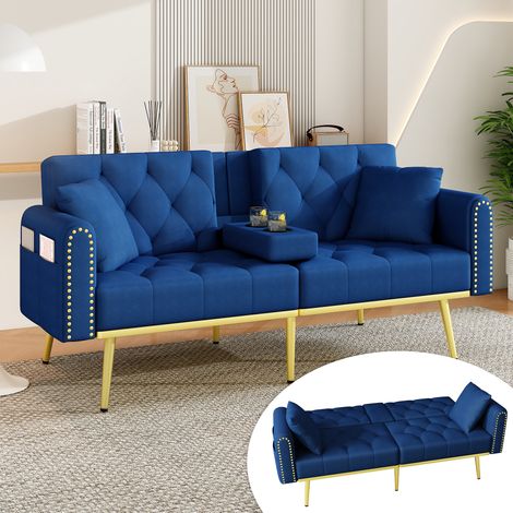 Canapé-lit 175x80x73,5 cm bleu en velours avec dossier réglable et porte-gobelet (1/5)