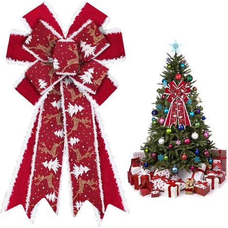 Grands nœuds de Noël pour couronne, rouge velours pailleté, nœuds de sapin orignal pour porte d’entrée, hiver Nouvel An, ornement en jute, haut de sapin, décoration intérieure et extérieure. (1/5)