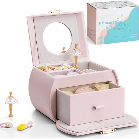 Spieluhr Schmuckkästchen für Mädchen mit Schubladen, Leder, Ballerina, abschließbar, hellrosa (1/5)