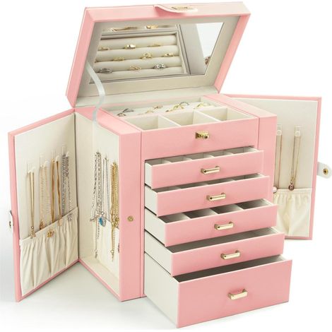 Boîte à bijoux pour femme, grande boîte de rangement à bijoux à 6 couches avec miroir et 5 tiroirs pour bagues, boucles d'oreilles, colliers, bracelets, rose (1/5)