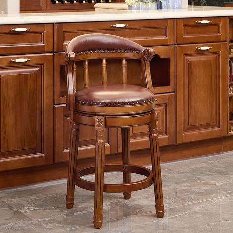 Tabouret de bar pivotant 360° en cuir marron, structure en bois avec dossier incurvé, hauteur d’assise 66 cm, pour cuisine et comptoir – de FLORAGRACE (1/5)