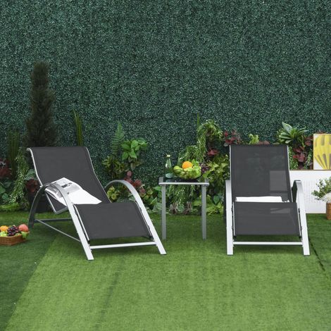 Dreiteiliges Gartenliegen-Set aus Metall und Stoff in Schwarz, 2 Liegestühle mit Armlehnen und Beistelltisch aus Hartglas