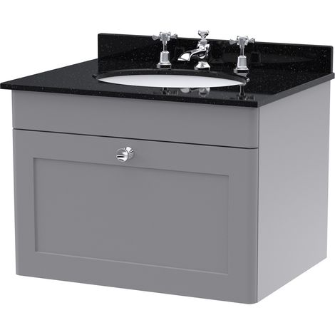 Nuie Classique Satin Grey 600mm Wall Hung Single Drawer Vanity Unit with Black Marble Countertop and Round Basin with 3 Tap Holes - CLC294BR3 (1/2)
