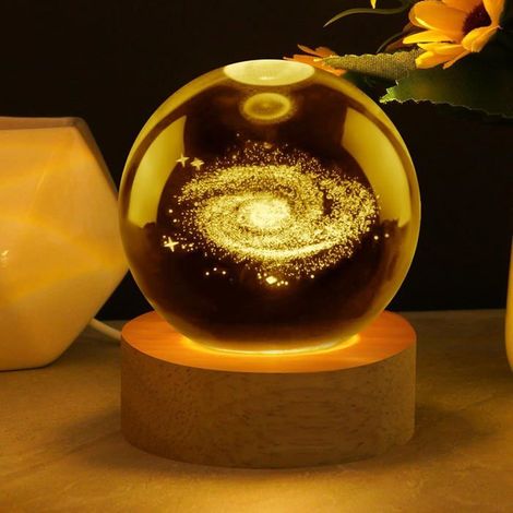 Veilleuse boule de cristal 3D - Boule de cristal galaxie de 8 cm avec base en bois de 6 cm - Décoration de bureau (1/5)