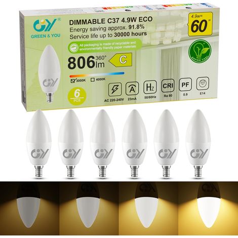 Ampoule Dimmable E14 LED Classe C, Blanc Chaud 3000K, 4.9W 806LM Equivalent 60W, LED C37 360 Degrés, 220-240V, Luminosité Réglable, Lot de 6 (1/5)