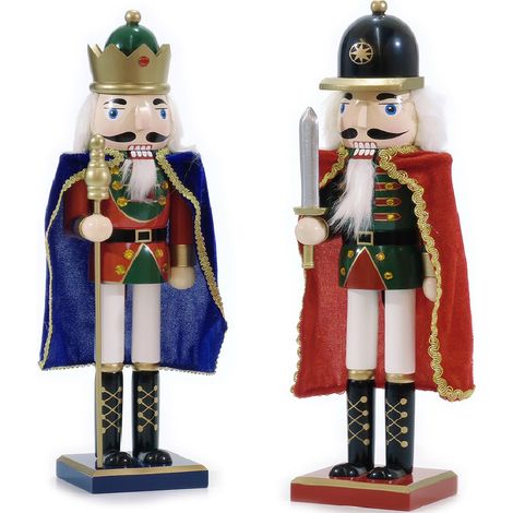 Set di 2 Soldatini Schiaccianoci Natalizi da Collezione in Legno Dipinto a Mano con Mantello in tessuto Rosso e Blu H38 (1/5)