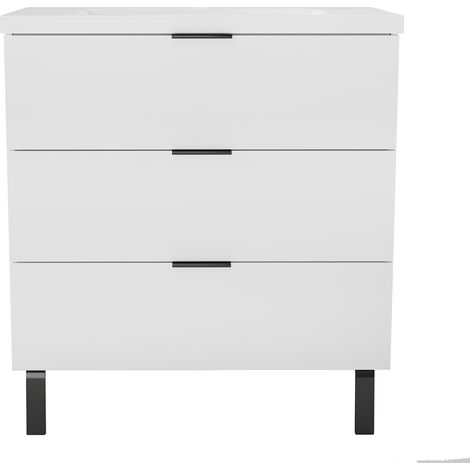 Acezanble Meuble de salle de bain mural avec pieds Blanc 80 cm - 3 tiroirs, lavabo inclus