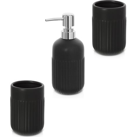 Set accessori bagno in ceramica nera opaca con dispenser sapone e due portaspazzolini Cup (1/5)